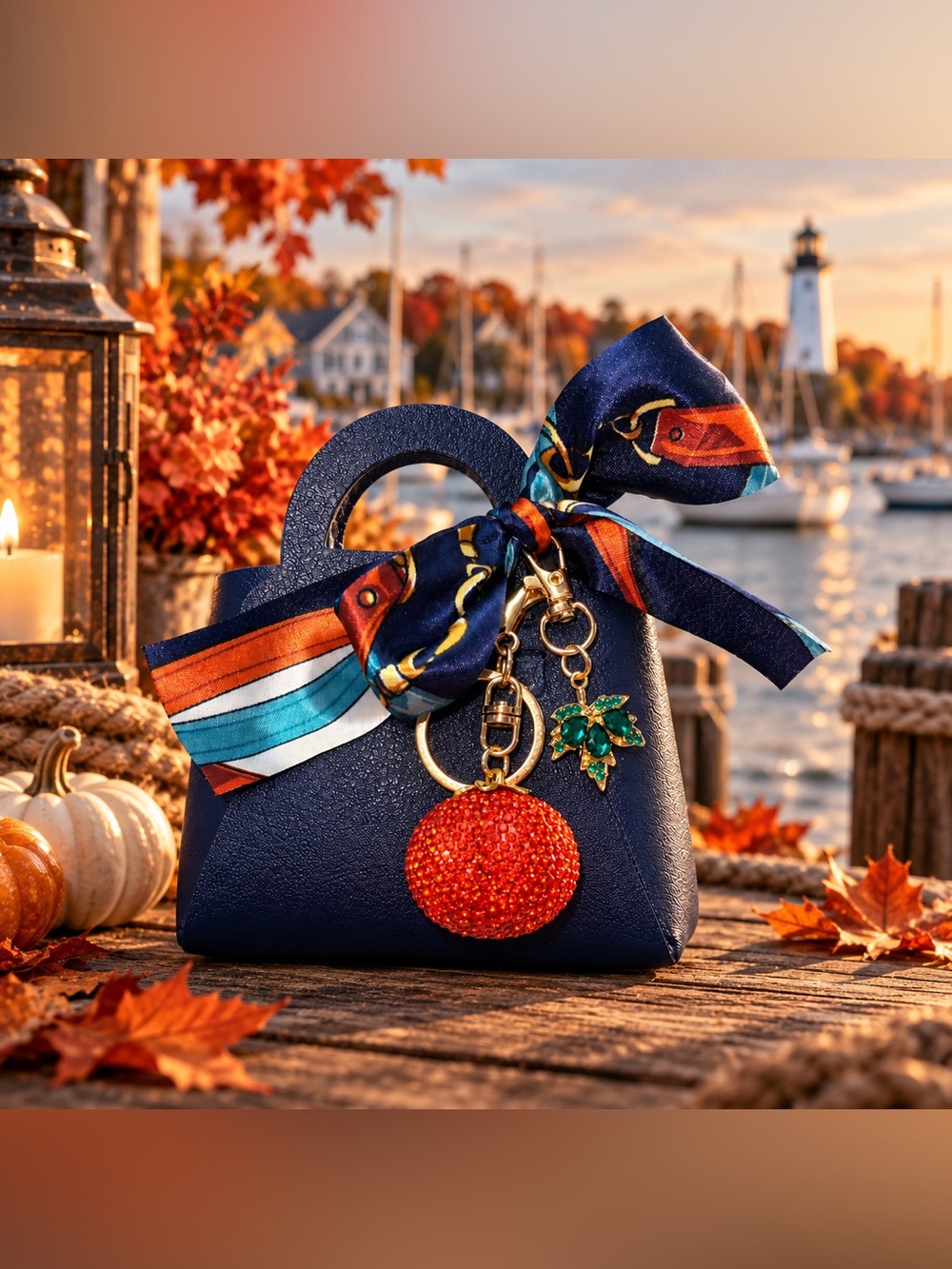 Navy Blue Women's Top-Handle Bag with Fashion Scarf and Charms
